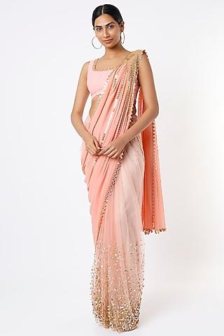 peach embellished pre-stitched saree set