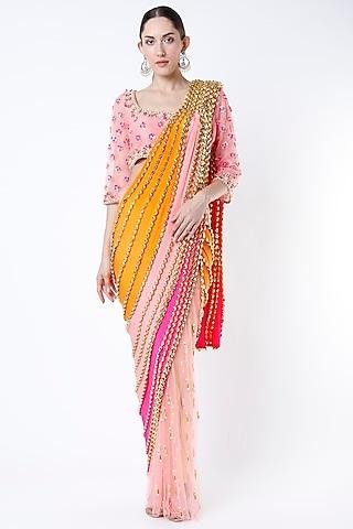 peach embellished pre-stitched saree set