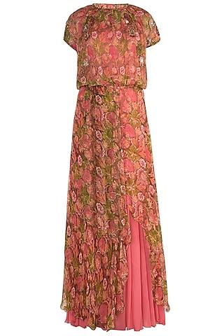 peach embellished printed maxi dress with inner