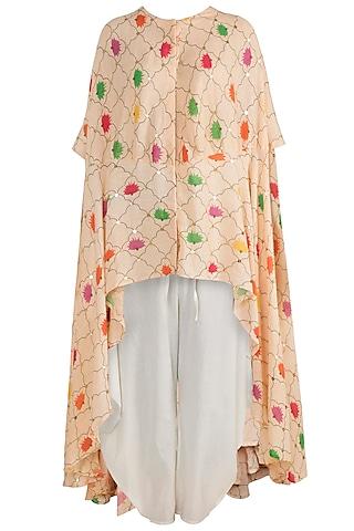 peach embellished printed tunic with white cowl pants