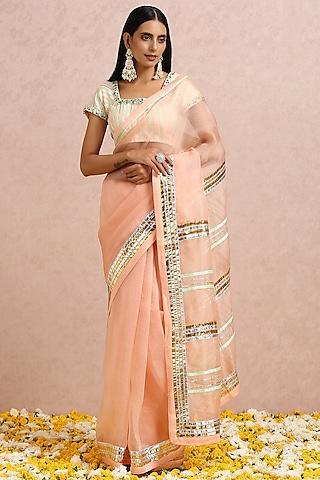 peach embellished saree set