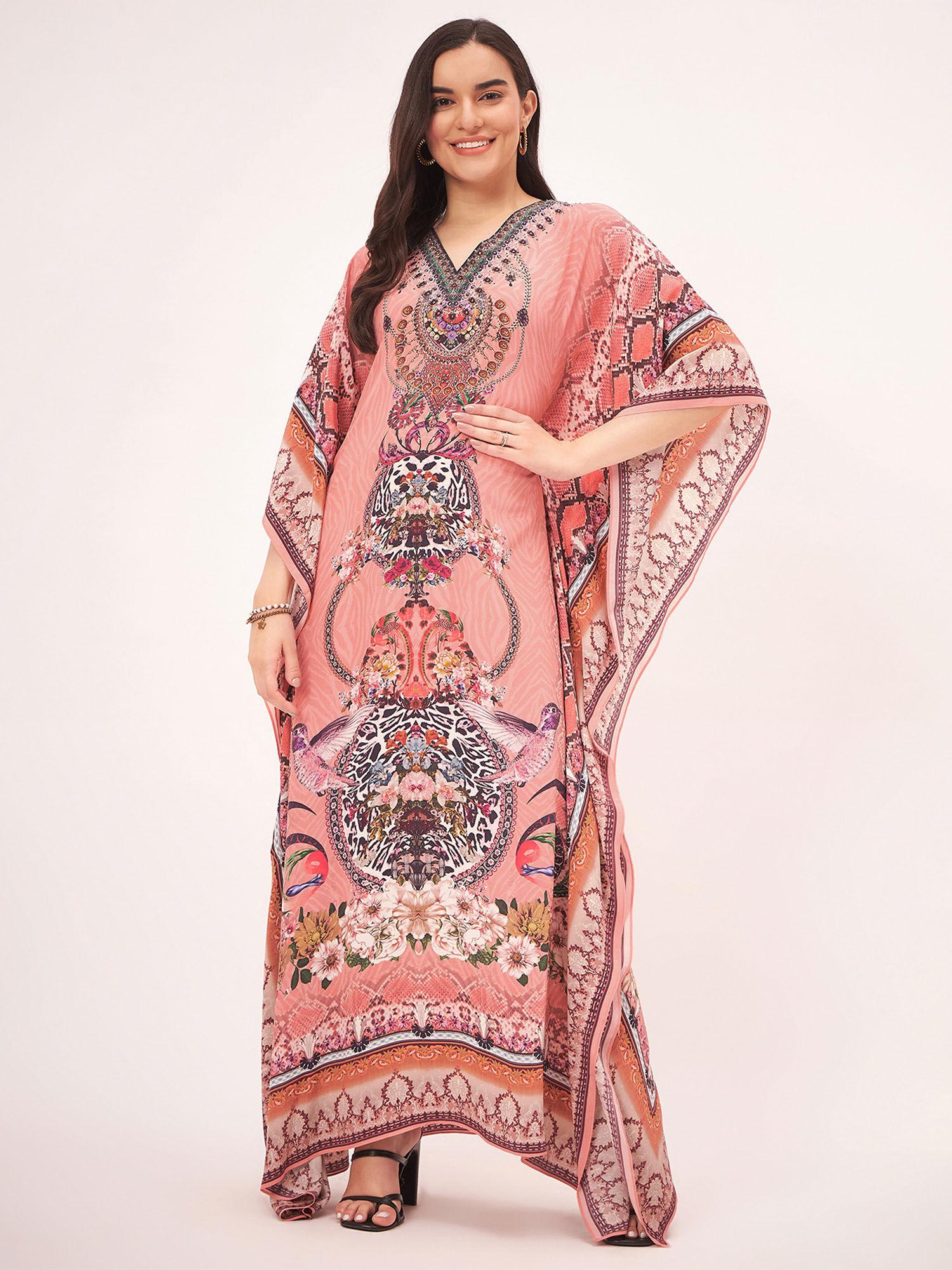 peach embellished silk full length kaftan maxi dress