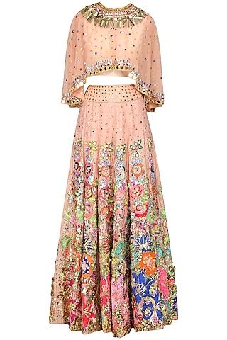 peach embellished skirt with cape and blouse