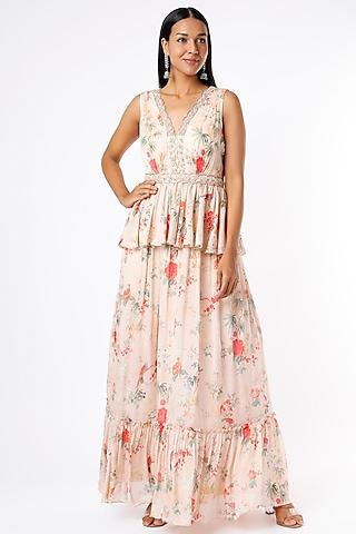 peach embroidered & printed gown