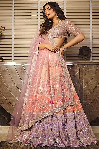 peach embroidered & printed lehenga set