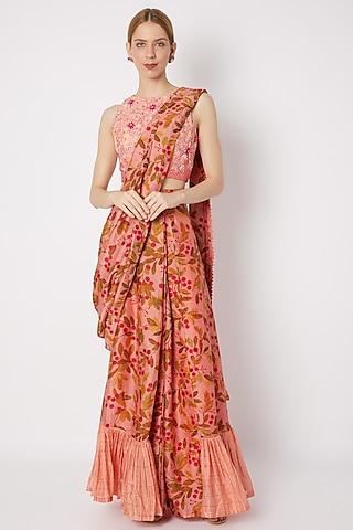 peach embroidered & printed pre-draped saree