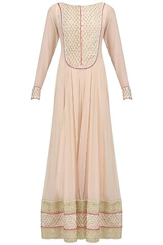 peach embroidered anarkali and churidaar set