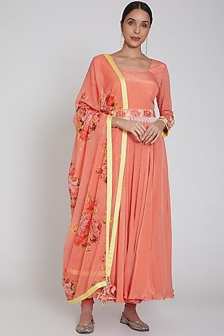 peach embroidered anarkali set with belt