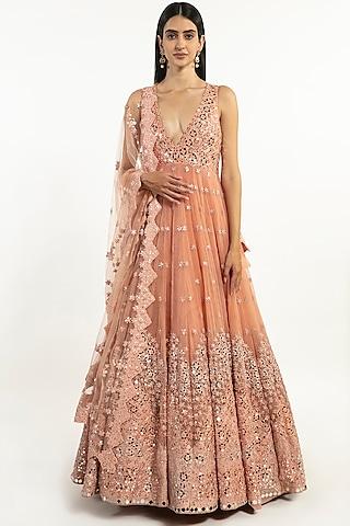 peach embroidered anarkali set