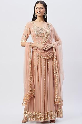 peach embroidered anarkali set