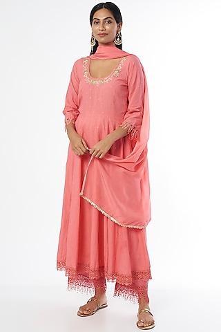 peach embroidered anarkali set