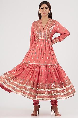 peach embroidered anarkali set