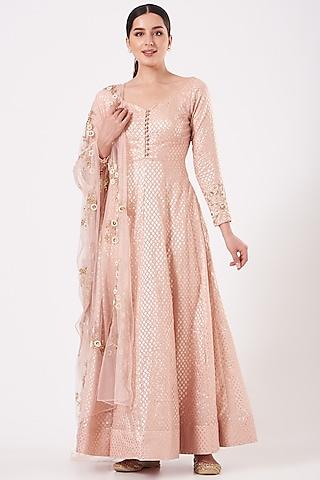 peach embroidered anarkali set