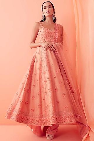 peach embroidered anarkali set