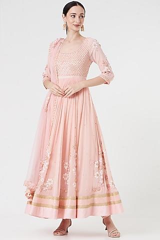 peach embroidered anarkali set