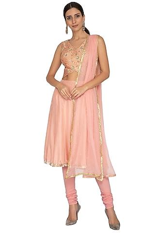 peach embroidered anarkali set