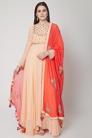 peach embroidered anarkali set