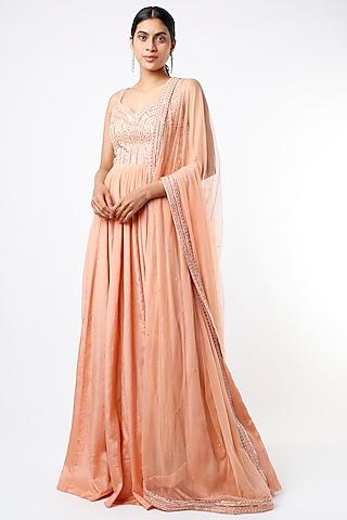 peach embroidered anarkali set