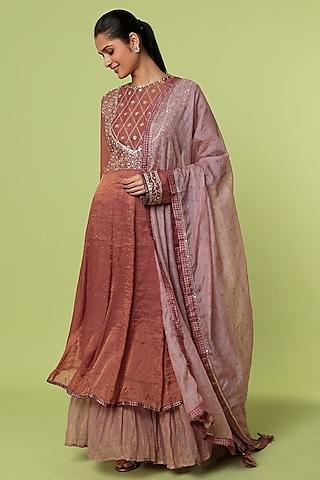 peach embroidered anarkali set