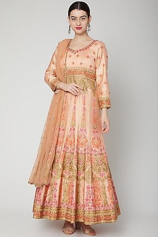 peach embroidered anarkali with dupatta