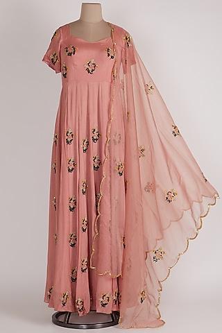 peach embroidered anarkali with dupatta