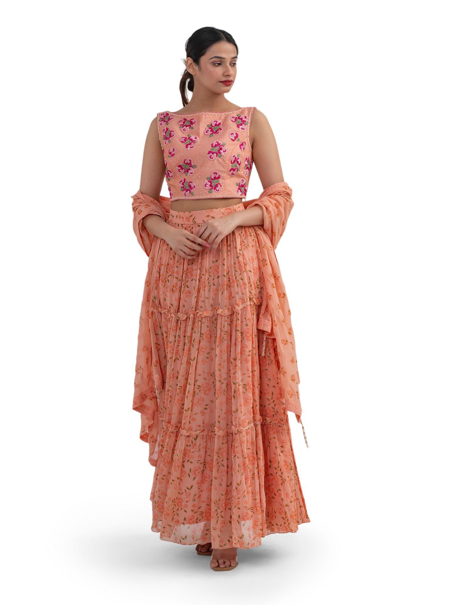 peach embroidered and printed tiered lehenga with choli & dupatta (set of 3)