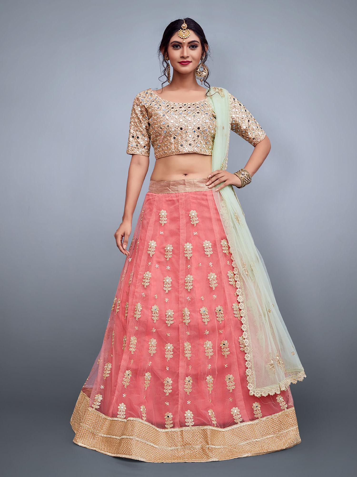 peach embroidered art silk semi stitched lehenga with unstitched blouse (set of 3)