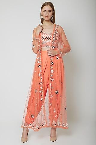 peach embroidered blouse with dhoti & cape