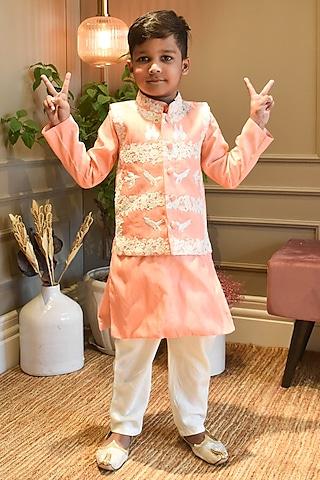 peach embroidered bundi jacket with kurta set for boys