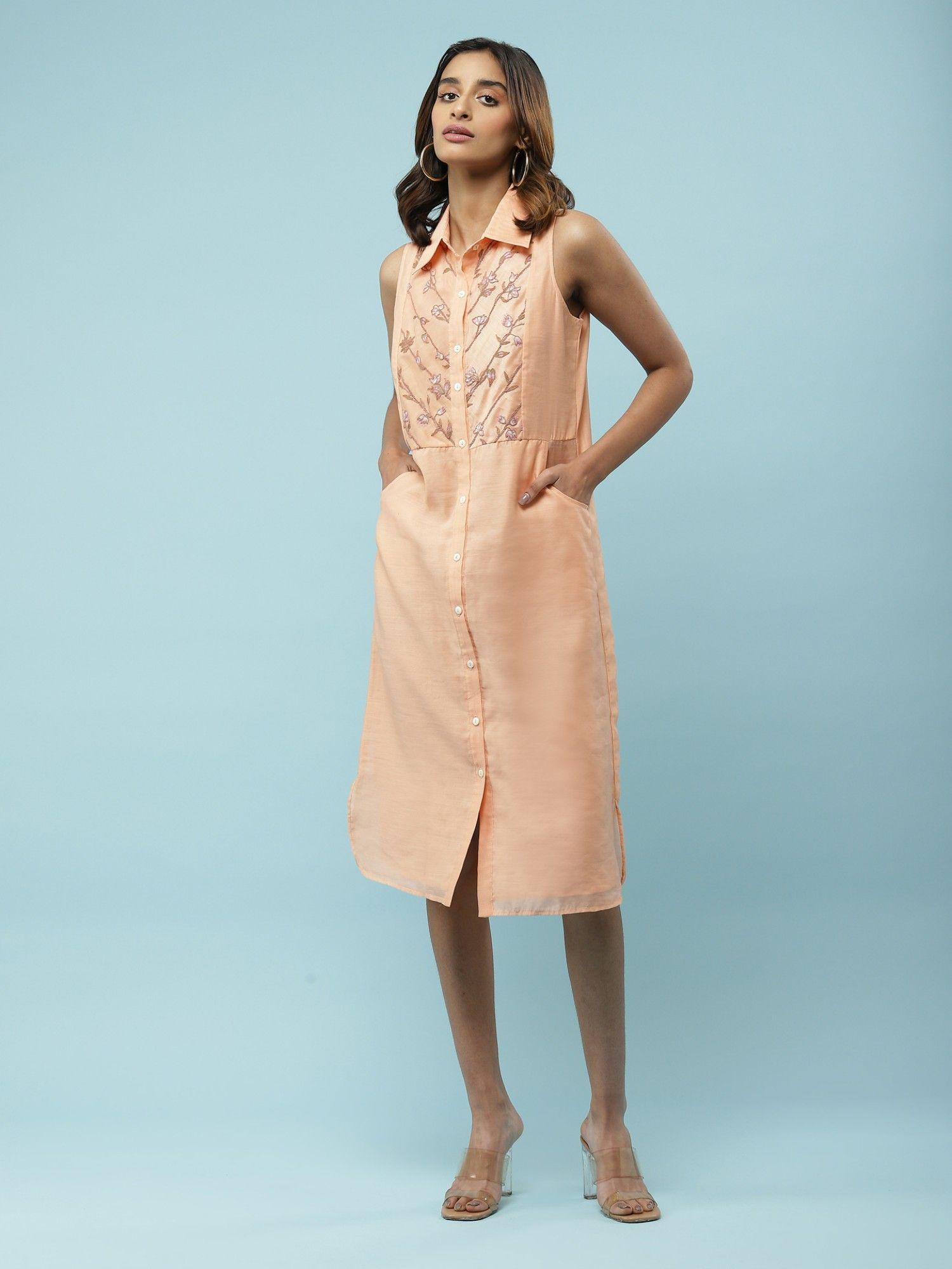 peach embroidered button down shirt dress