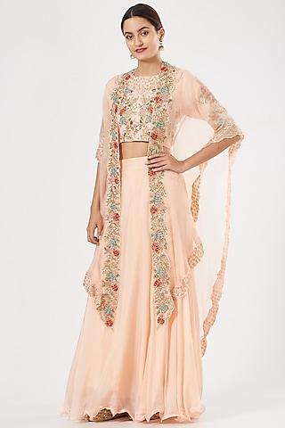 peach embroidered cape set