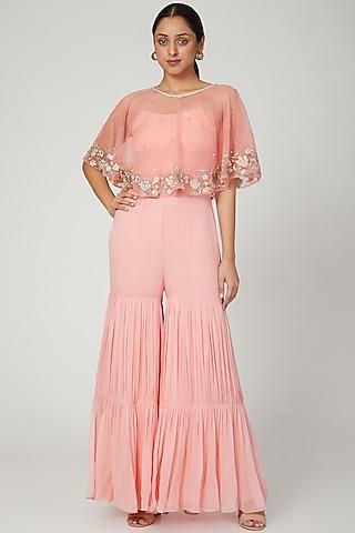 peach embroidered cape with jumpsuit