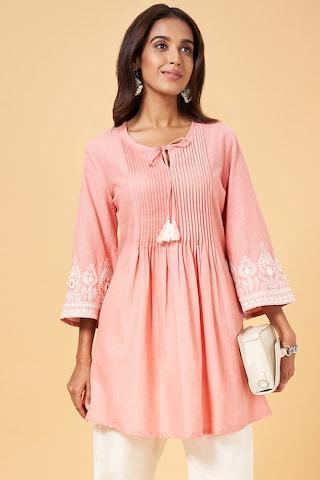 peach embroidered casual 3/4th sleeves round neck women regular fit  tunic