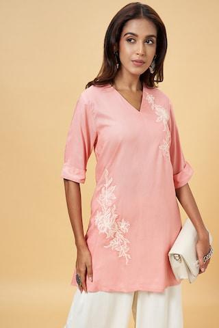 peach embroidered casual elbow sleeves v neck women regular fit  tunic