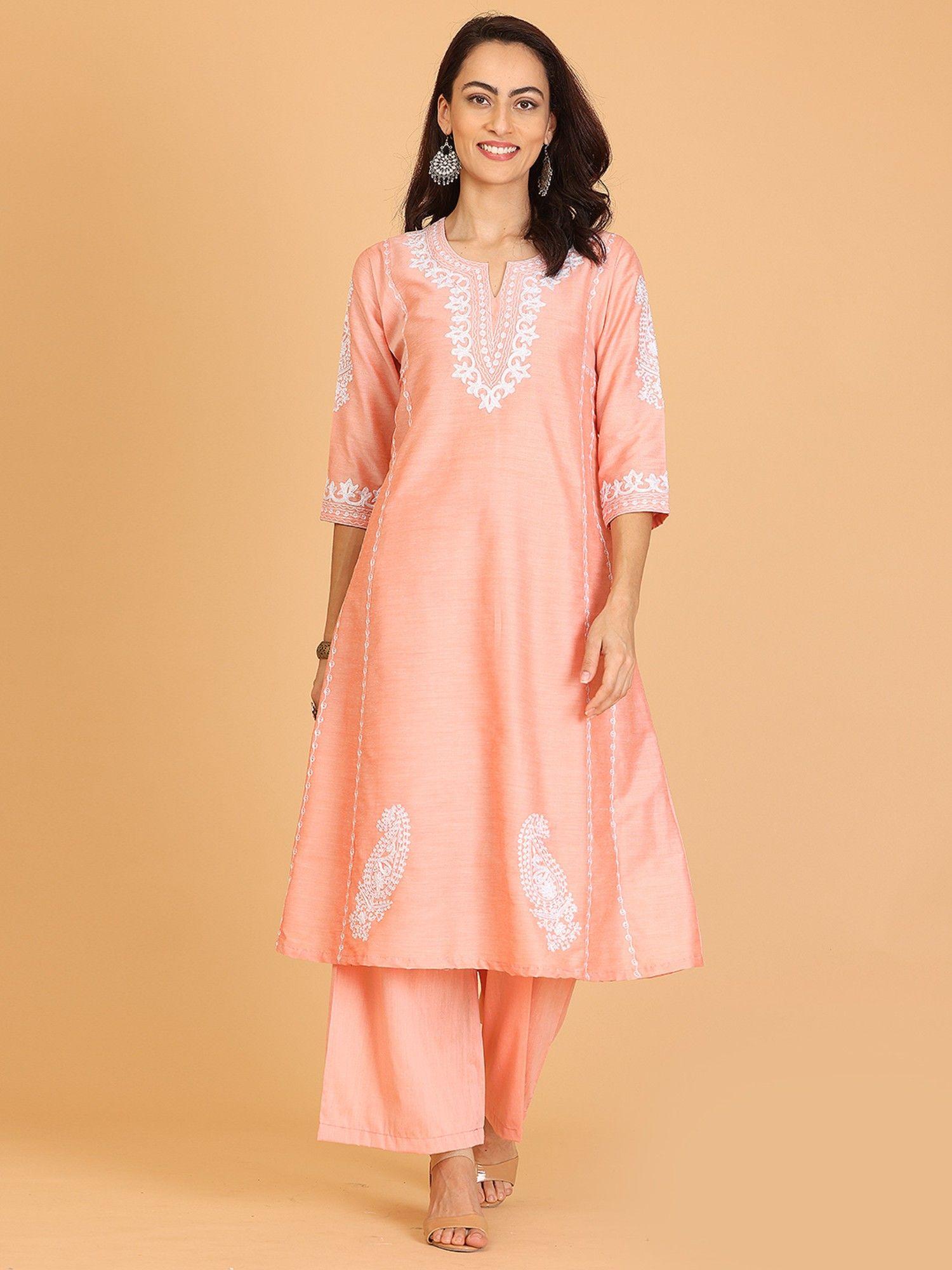 peach embroidered cotton silk flayred kurta and palazzo (set of 2)