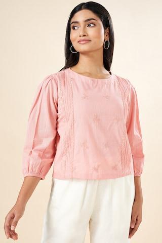 peach embroidered cotton slub round neck women regular fit tops