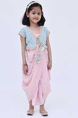 peach embroidered dhoti jumpsuit with jacket for girls