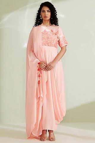 peach embroidered draped gown
