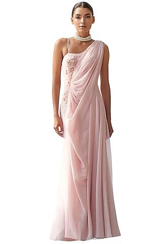 peach embroidered draped gown