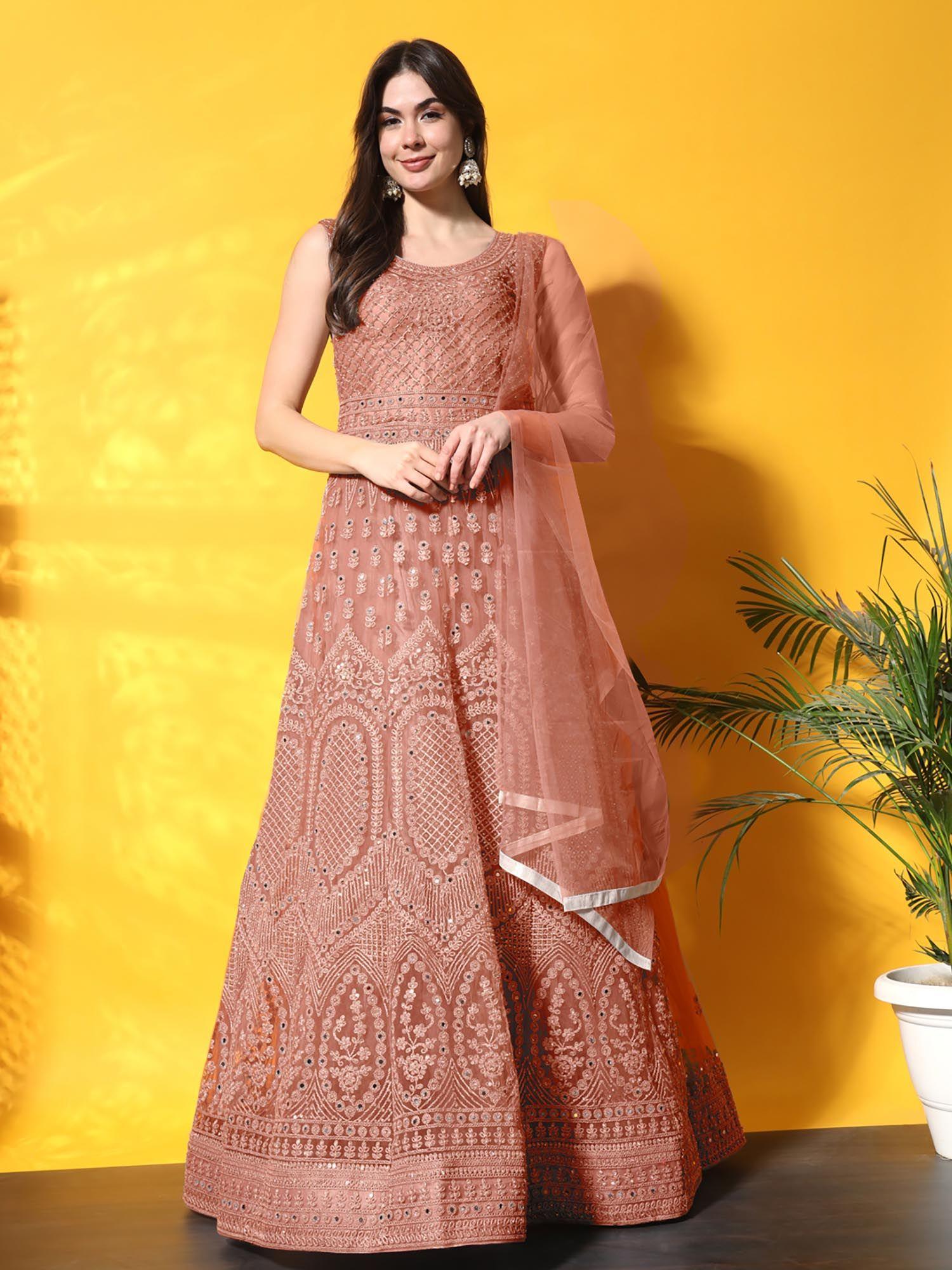 peach embroidered dress with dupatta (set of 2)