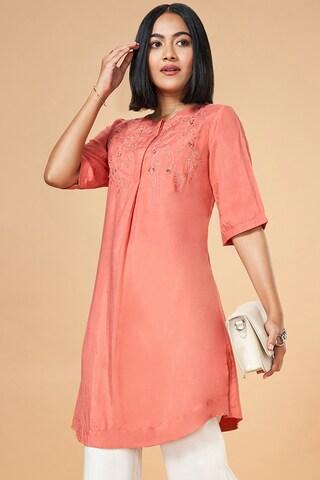 peach embroidered ethnic half sleeves round neck women regular fit tunic