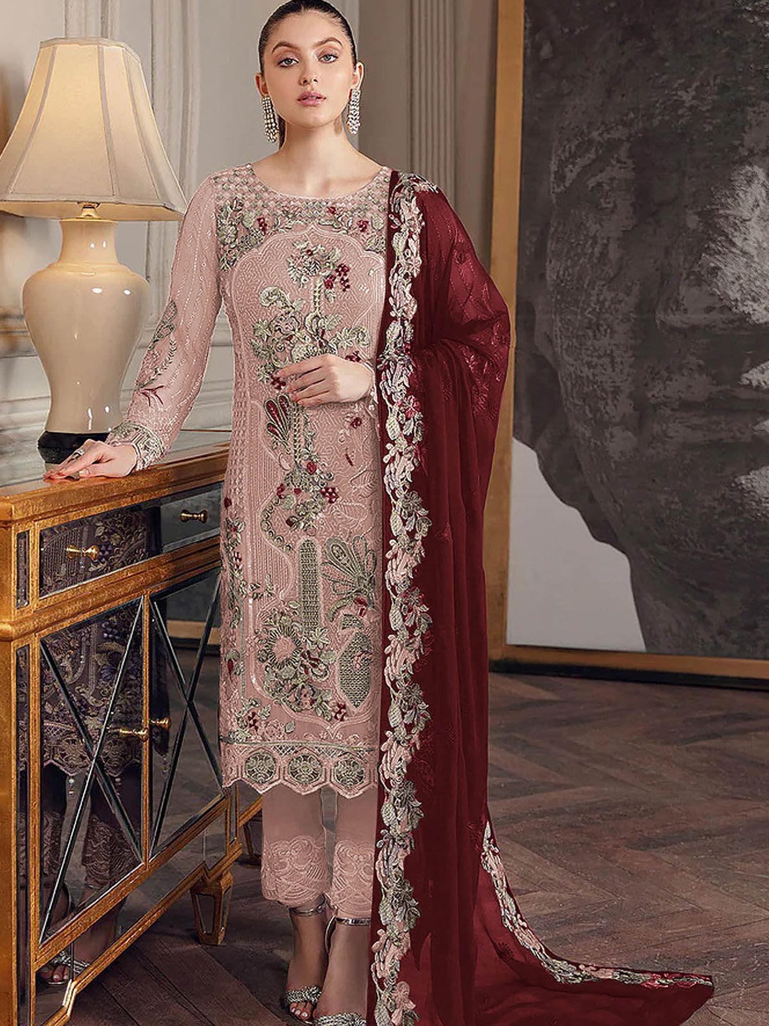 peach embroidered georgette semi stitched suit (set of 3)