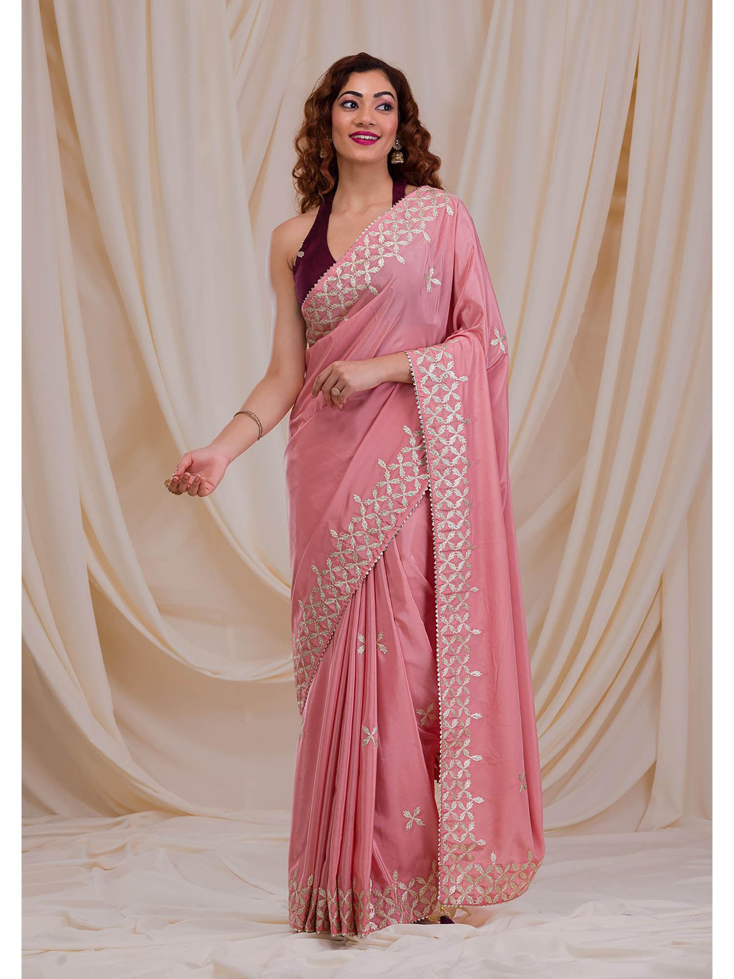 peach embroidered gota crepe saree with unstitched blouse