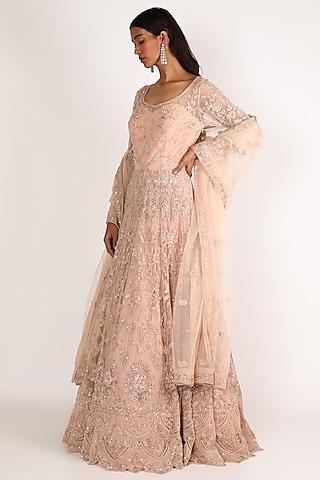 peach embroidered gown with dupatta