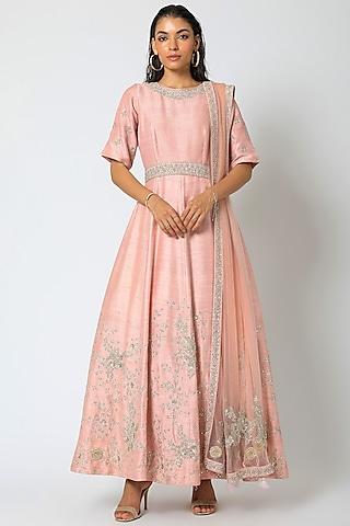 peach embroidered gown with dupatta