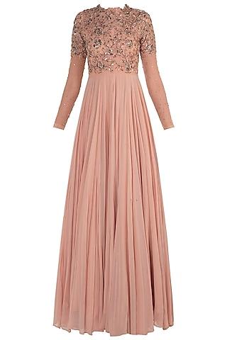 peach embroidered gown with dupatta