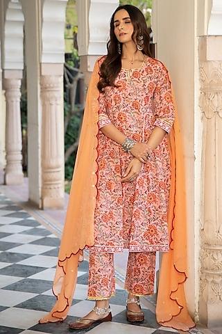 peach embroidered handcrafted kurta set