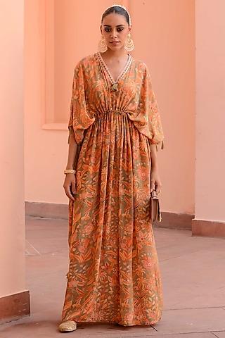 peach embroidered kaftan set