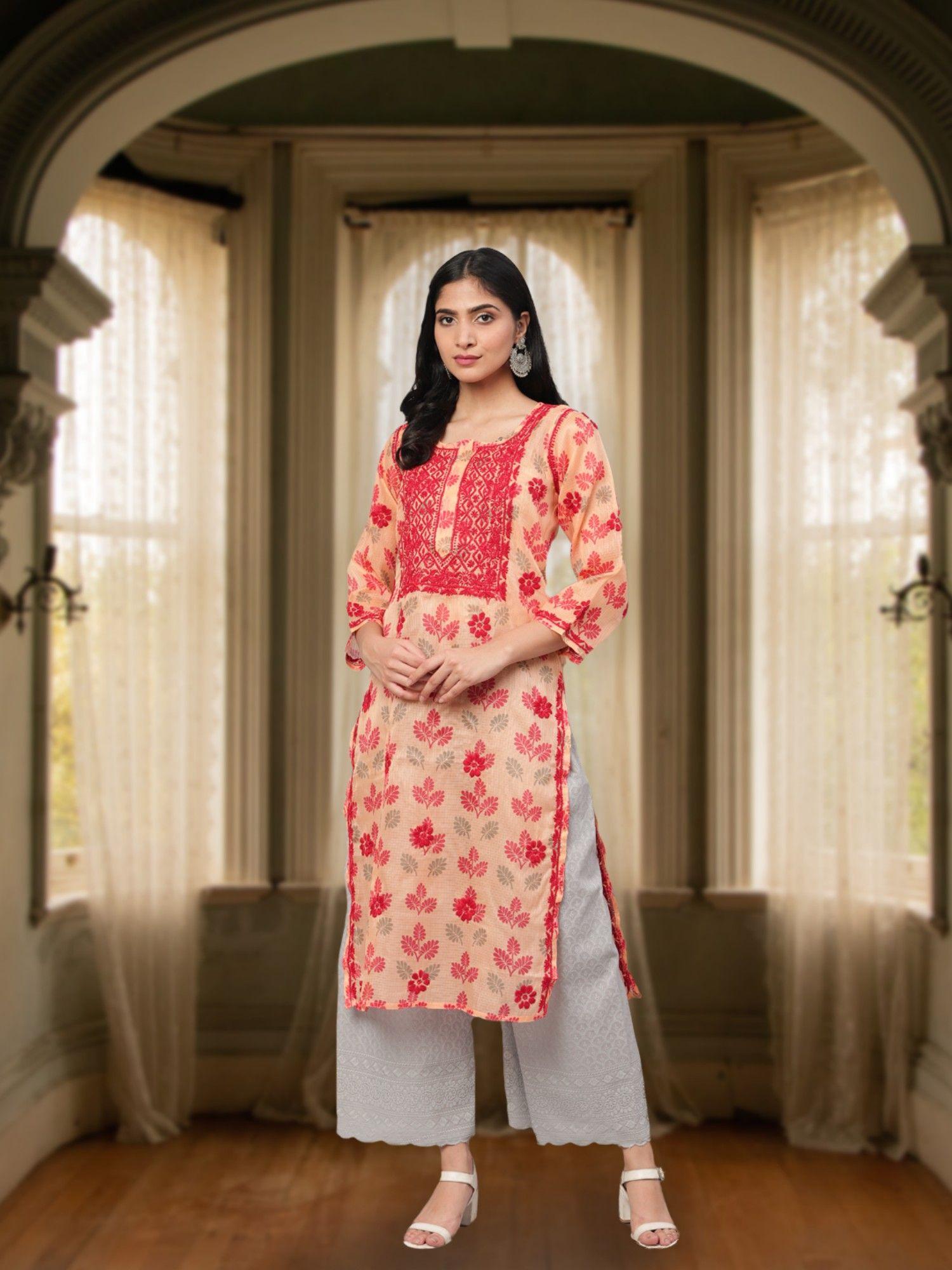 peach embroidered kota lucknow chikan kurta (xs) (a100582)