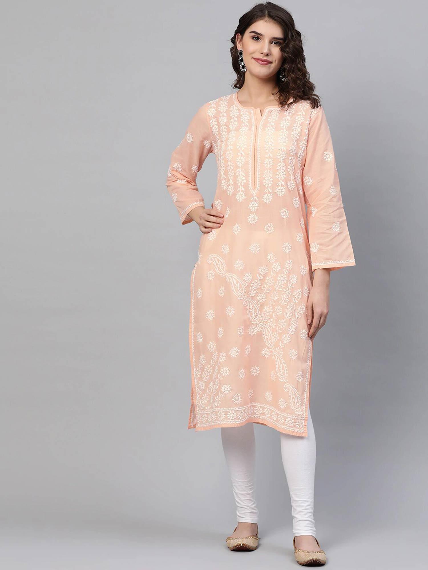 peach embroidered kurta (xs) (a208062)